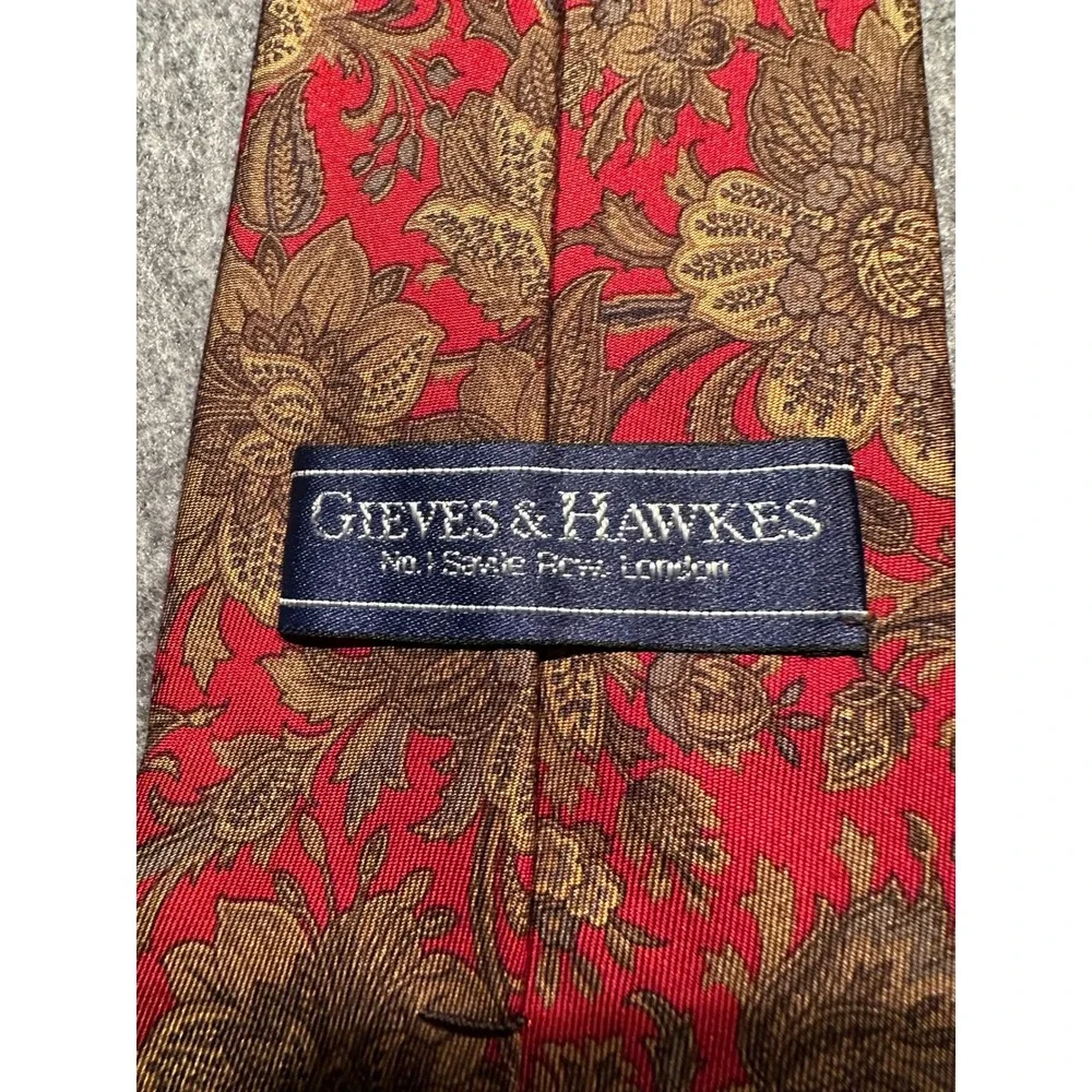 Gieves & Hawkes Savile Row London Mens Red Gold Floral Brocade Silk Necktie